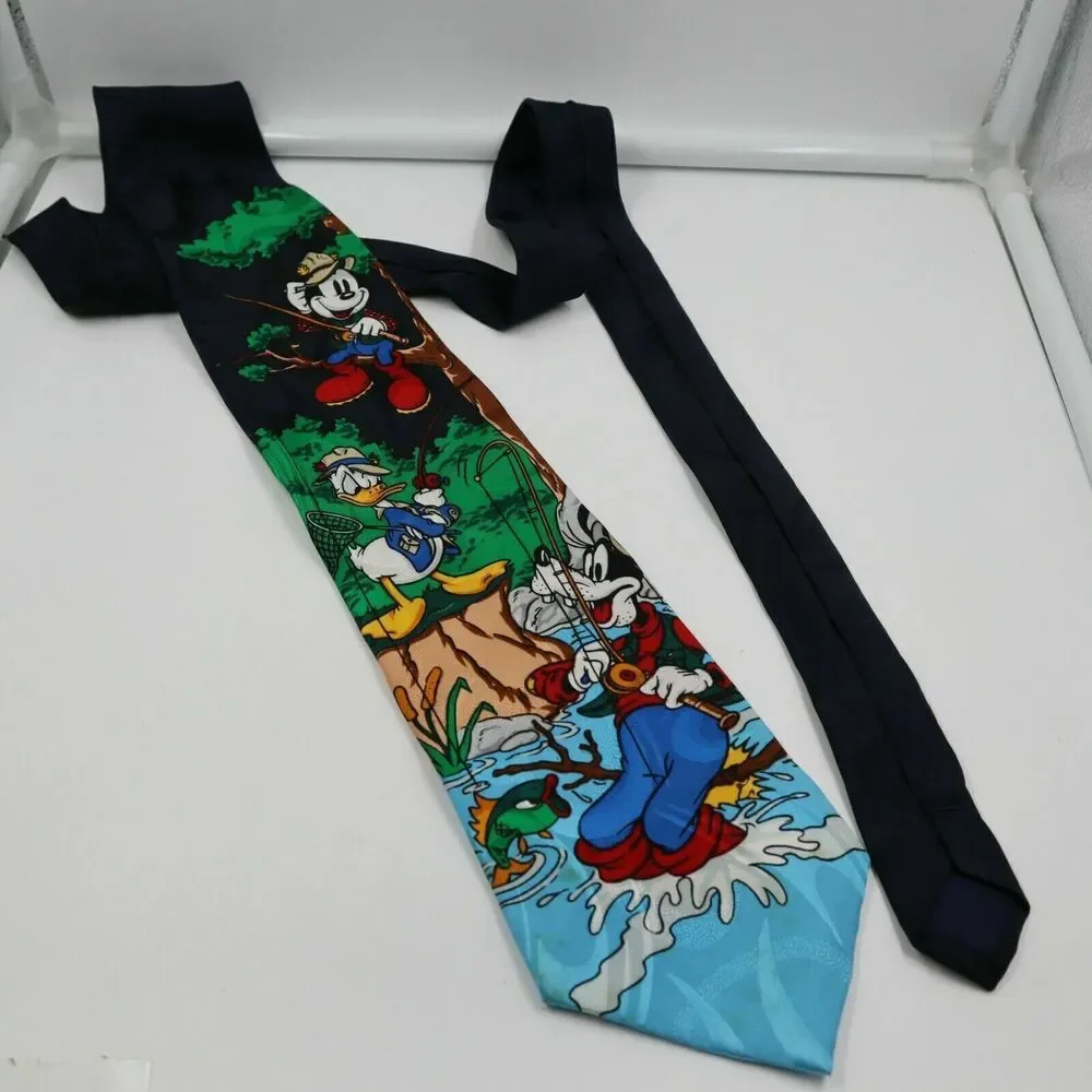 The Disney Store Suit Neck Tie Mickey Goofy Donald Fishing 100% Silk